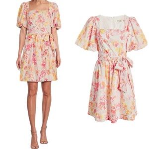 Eliza J Floral Print Eyelet Puff Sleeve Cotton Resort Belt Dress
